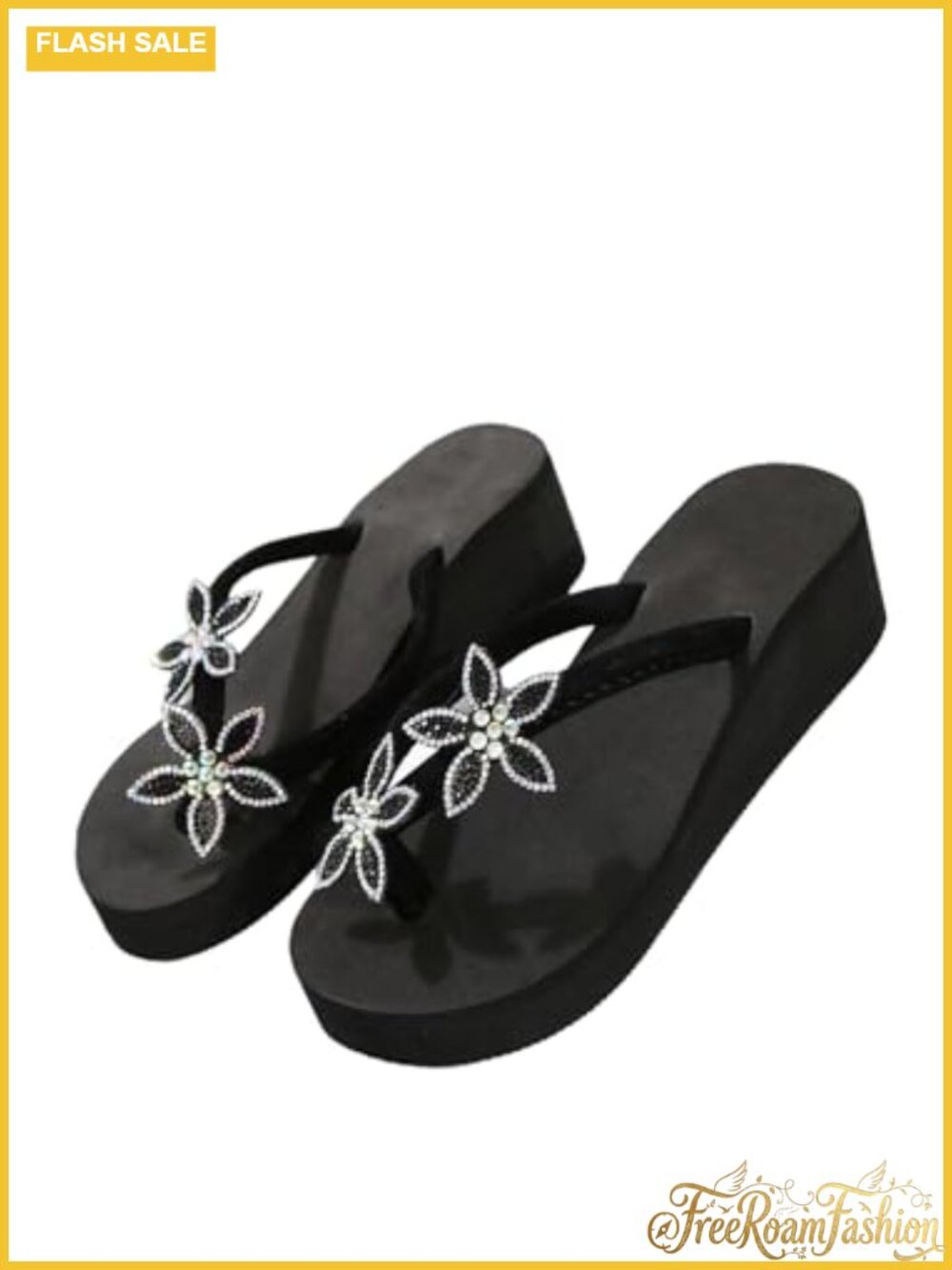 Wedge Flip Flops Rhinestone Flower Thong Platform Sandals Faux Leather